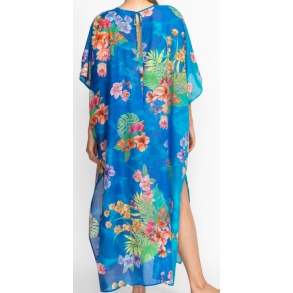Johnny Was Blue Tie Dye Floral Silk Cotton Kaftan Dress CSW5923-A Small Medium - Picture 2 of 8